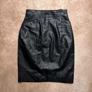 Vintage 80s Wilsons Leather Black High Waisted Mini Skirt Paneled Pockets Biker